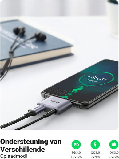 UGREEN Splitter USB-C naar USB-C PD & QC en 3.5mm Jack Headset Adapter afbeelding 3