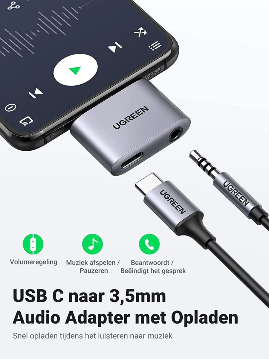 UGREEN Splitter USB-C naar USB-C PD & QC en 3.5mm Jack Headset Adapter afbeelding 2