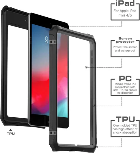 Apple iPad Mini 5 Hoes Waterdicht Full Protect Cover IP68 Zwart afbeelding 3