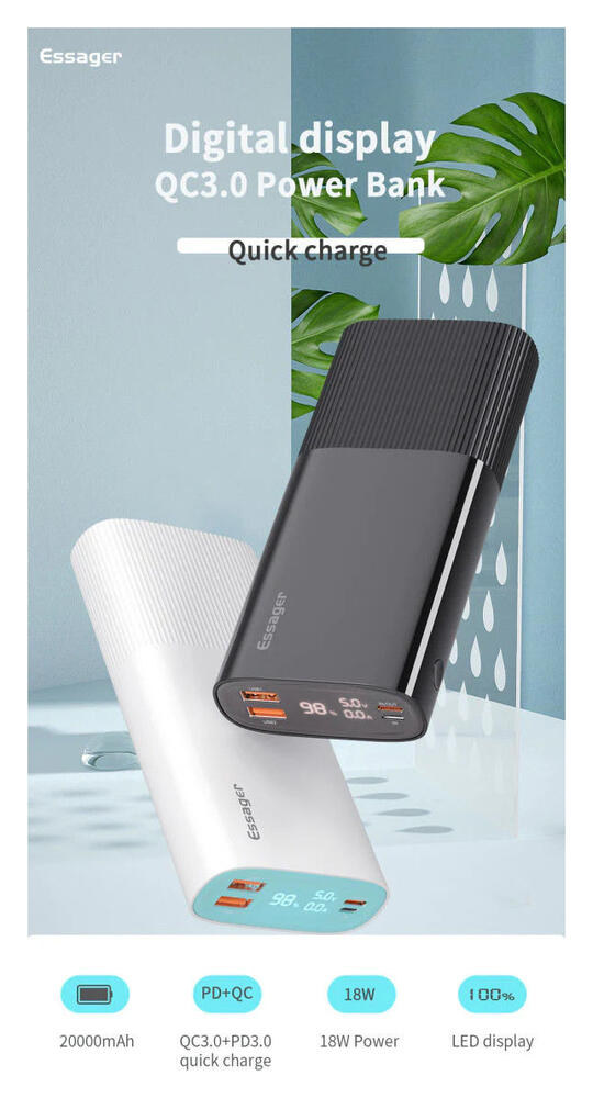 Essager Powerbank 20.000 mAh PD en QC 18W met Digitale Display Wit afbeelding 10