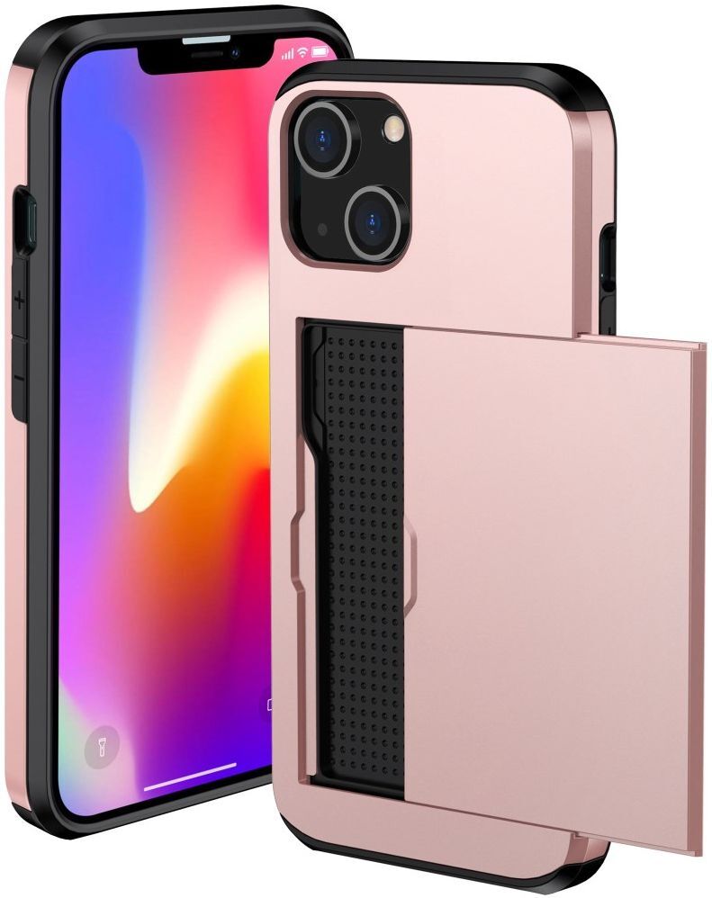 Apple iPhone 14 Hoesje met Kaart Houder Back Cover Roze Goud afbeelding 2
