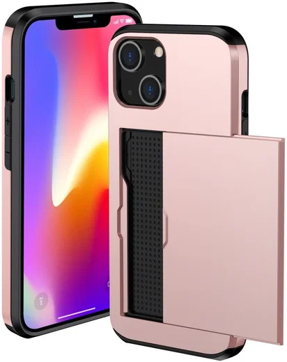 Apple iPhone 14 Hoesje met Kaart Houder Back Cover Roze Goud afbeelding 2