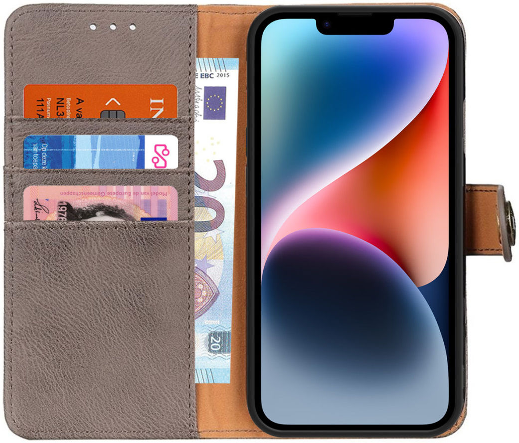 KHAZNEH Apple iPhone 14 Hoesje Portemonnee Book Case Kunstleer Khaki afbeelding 1