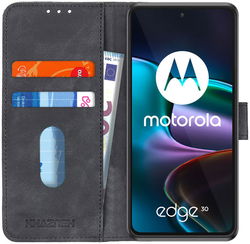 KHAZNEH Motorola Edge 30 Hoesje Retro Wallet Book Case Kunstleer Zwart afbeelding