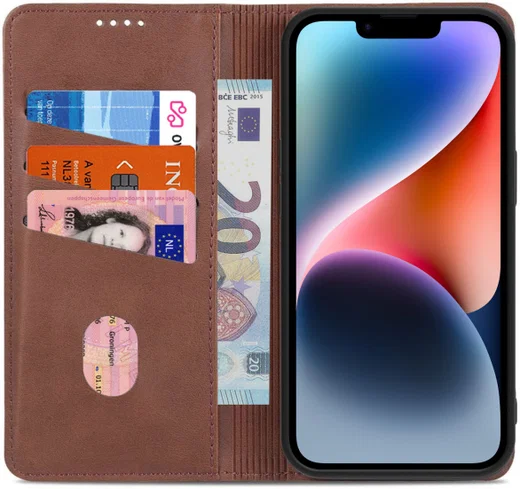 AZNS Apple iPhone 14 Hoesje Wallet Book Case Kunstleer Bruin afbeelding 1