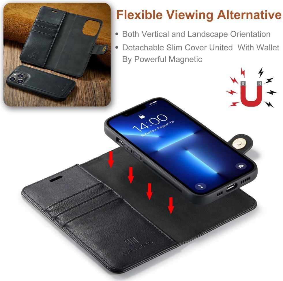 DG Ming iPhone 14 Pro Hoesje 2-in-1 Book Case en Back Cover Zwart afbeelding 4