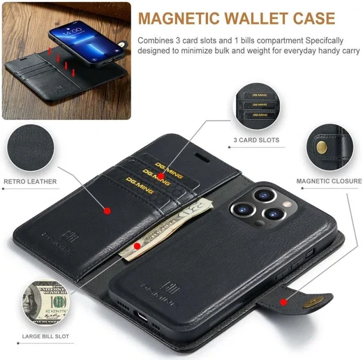 DG Ming iPhone 14 Pro Hoesje 2-in-1 Book Case en Back Cover Zwart afbeelding 6