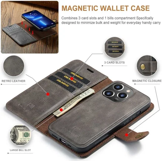 DG Ming iPhone 14 Pro Hoesje 2-in-1 Book Case en Back Cover Grijs afbeelding 6