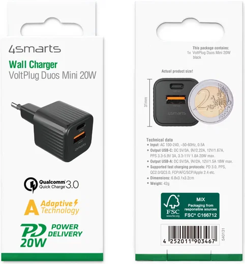 4smarts VoltPlug Duos Mini 20W USB/USB-C Oplader Fast Charge Zwart afbeelding 10