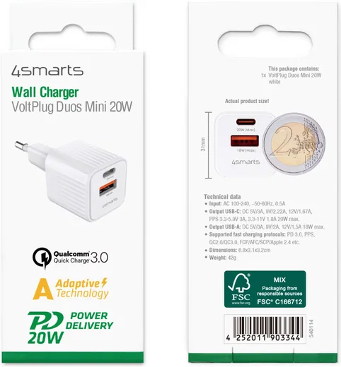 4smarts VoltPlug Duos Mini 20W USB/USB-C Oplader Fast Charge Wit afbeelding 12