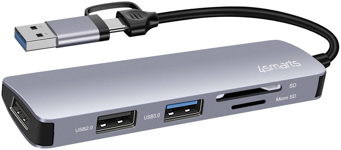 4smarts Hub USB-A/USB-C naar 2x USB 2.0/USB 3.0/Kaartlezer SD/micro SD afbeelding 1