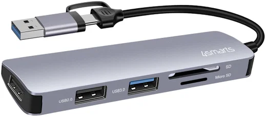 4smarts Hub USB-A/USB-C naar 2x USB 2.0/USB 3.0/Kaartlezer SD/micro SD afbeelding 1