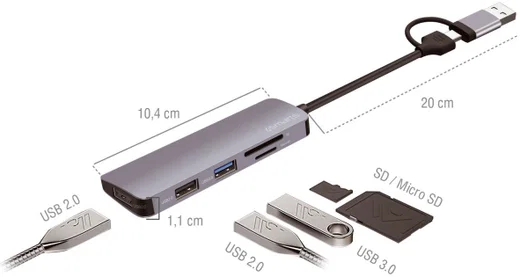 4smarts Hub USB-A/USB-C naar 2x USB 2.0/USB 3.0/Kaartlezer SD/micro SD afbeelding 4