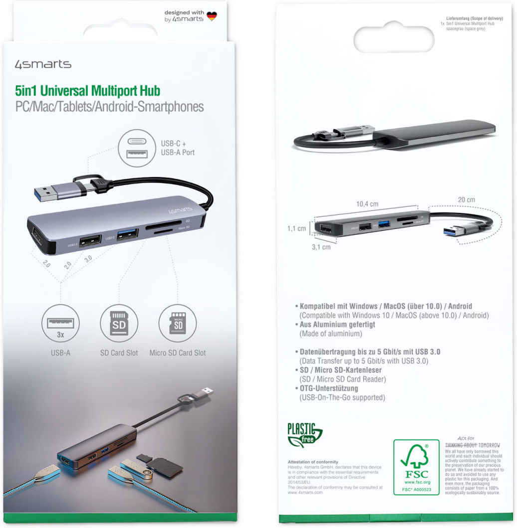 4smarts Hub USB-A/USB-C naar 2x USB 2.0/USB 3.0/Kaartlezer SD/micro SD afbeelding 9