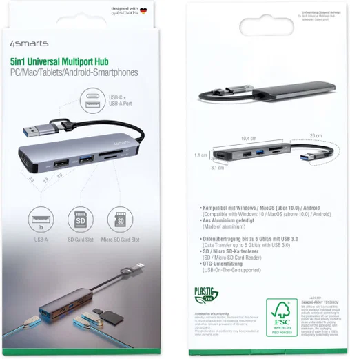 4smarts Hub USB-A/USB-C naar 2x USB 2.0/USB 3.0/Kaartlezer SD/micro SD afbeelding 9