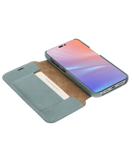 Minim Apple iPhone 14 Hoesje Wallet Book Case Echt Leer Blauw afbeelding 1