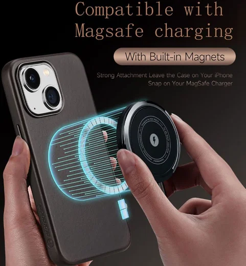 Dux Ducis Naples Apple iPhone 14 Hoesje MagSafe Echt Leer Coffee afbeelding 4