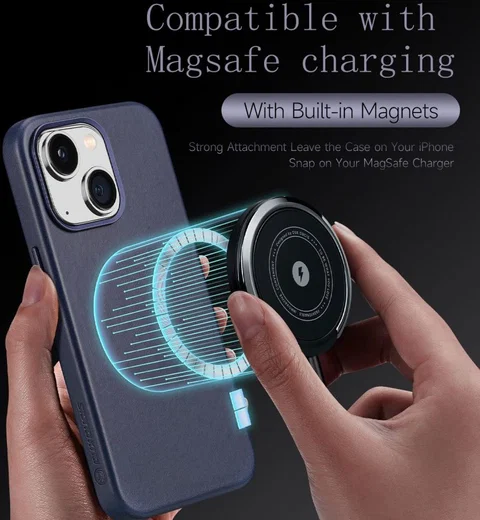 Dux Ducis Naples Apple iPhone 14 Hoesje MagSafe Echt Leer Blauw afbeelding 4