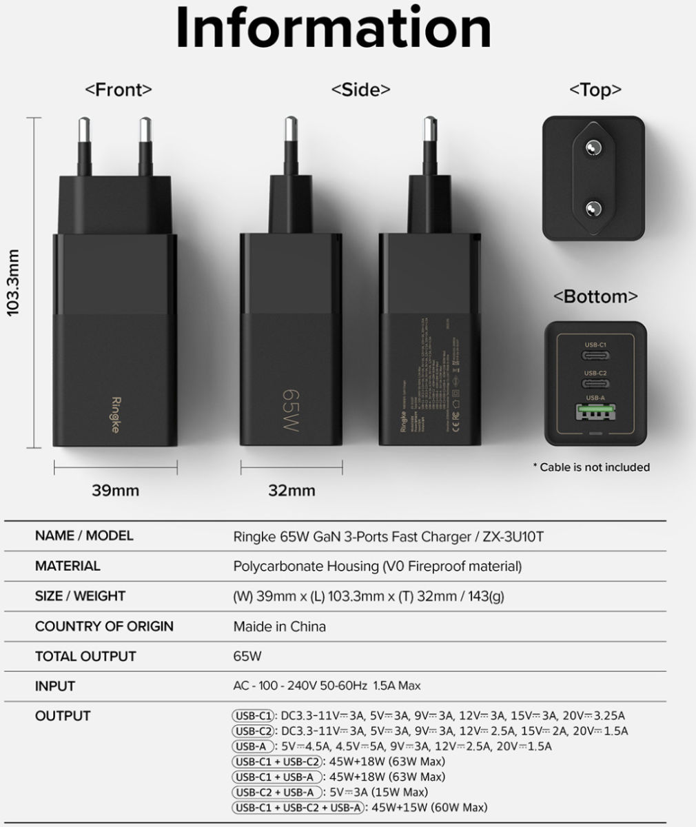 Ringke USB/USB-C GaN Snellader 65W PD 3.0/QC 3.0 Adapter Zwart afbeelding 12