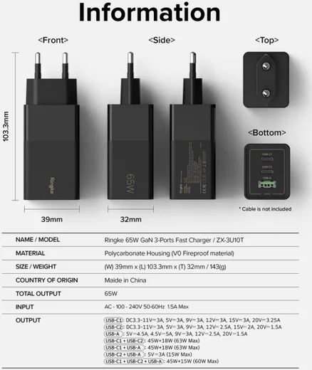 Ringke USB/USB-C GaN Snellader 65W PD 3.0/QC 3.0 Adapter Zwart afbeelding 12