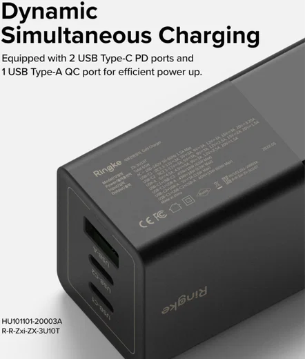 Ringke USB/USB-C GaN Snellader 65W PD 3.0/QC 3.0 Adapter Zwart afbeelding 5