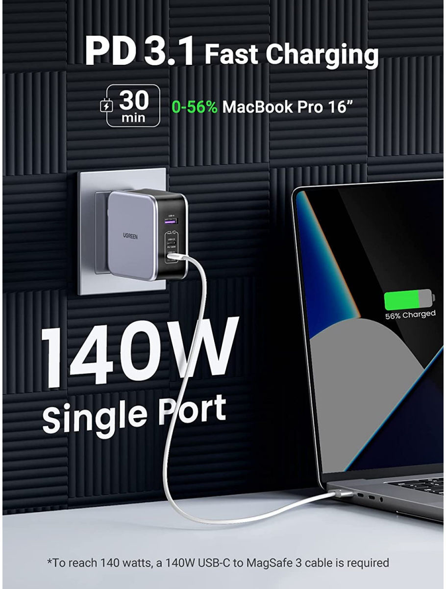 UGREEN 140W PD Snellader GaN Laptop/MacBook + USB-C Kabel 2M Grijs afbeelding 2