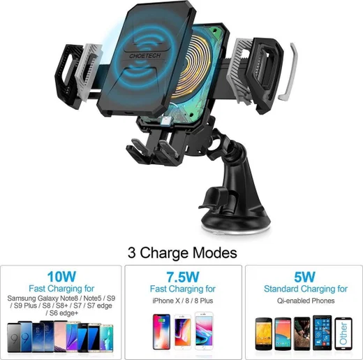 Choetech Raam/Dashboard Telefoonhouder met Draadloos Opladen 10W Zwart afbeelding 3