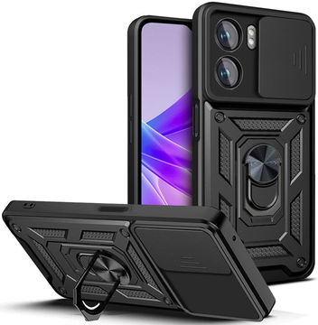 Oppo A57 / A77 Hoesje met Camera Slider en Kickstand Ring Zwart
