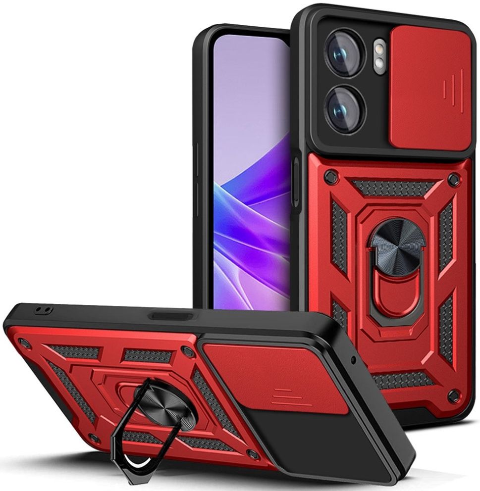 Oppo A57 / A77 Hoesje met Camera Slider en Kickstand Ring Rood afbeelding 1