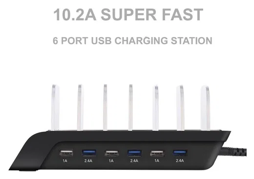 Universeel Oplaad Station 6 Poort USB Oplader 50W Zwart afbeelding 5