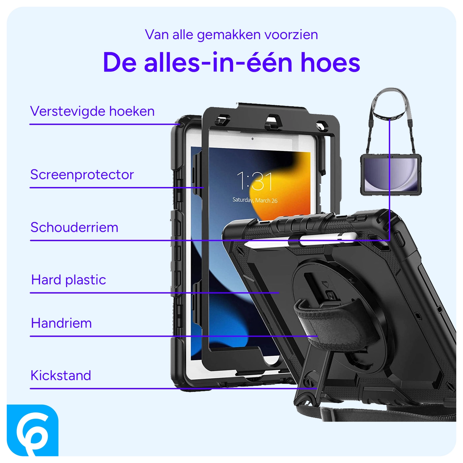 Apple iPad 10.2 (2019/2020/2021) Hoes met Screen Protector en Handriem Zwart afbeelding 4
