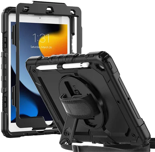 Apple iPad 10.2 (2019/2020/2021) Hoes met Screen Protector en Handriem Zwart afbeelding 1