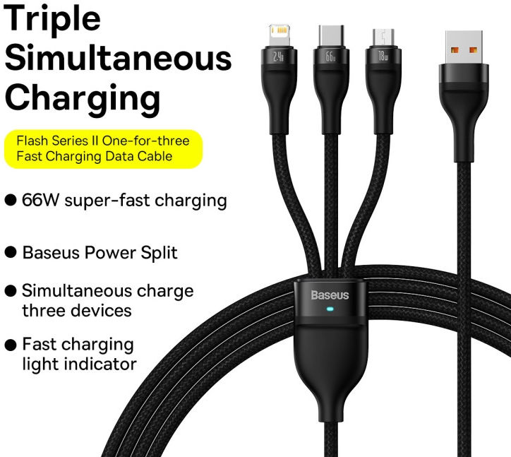 Baseus Flash Serie 3-in-1 USB naar Lightning/USB-C/MicroUSB Kabel 1.2M afbeelding 8
