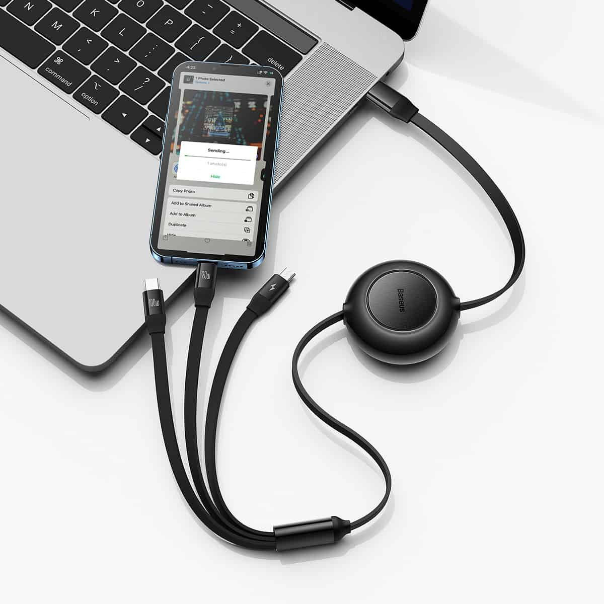 Baseus Oprolbare 3-in-1 USB-C naar Lightning/USB-C/MicroUSB Kabel 1.1M afbeelding 10