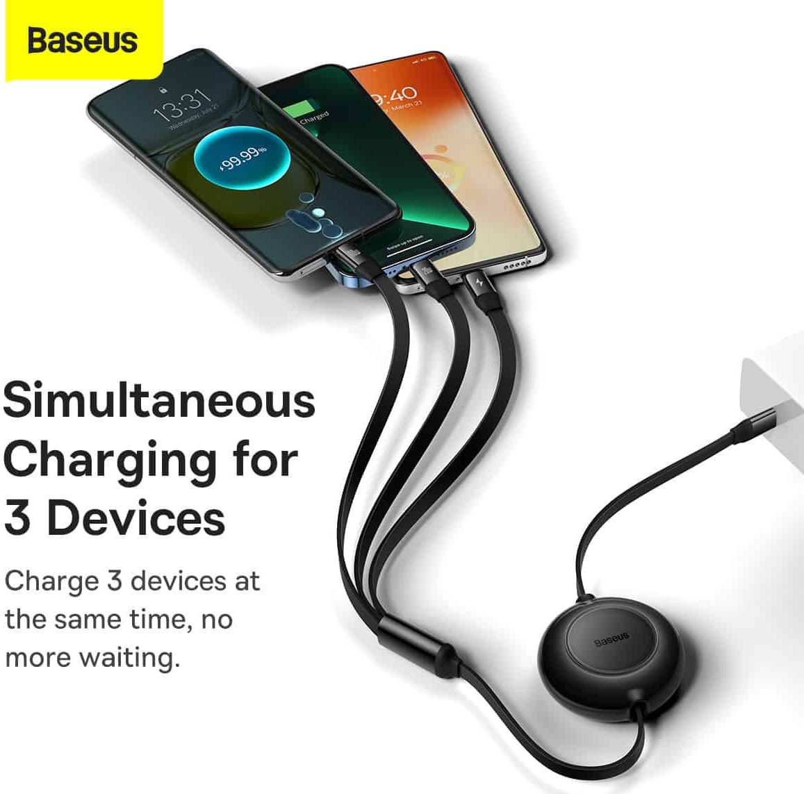 Baseus Oprolbare 3-in-1 USB-C naar Lightning/USB-C/MicroUSB Kabel 1.1M afbeelding 5