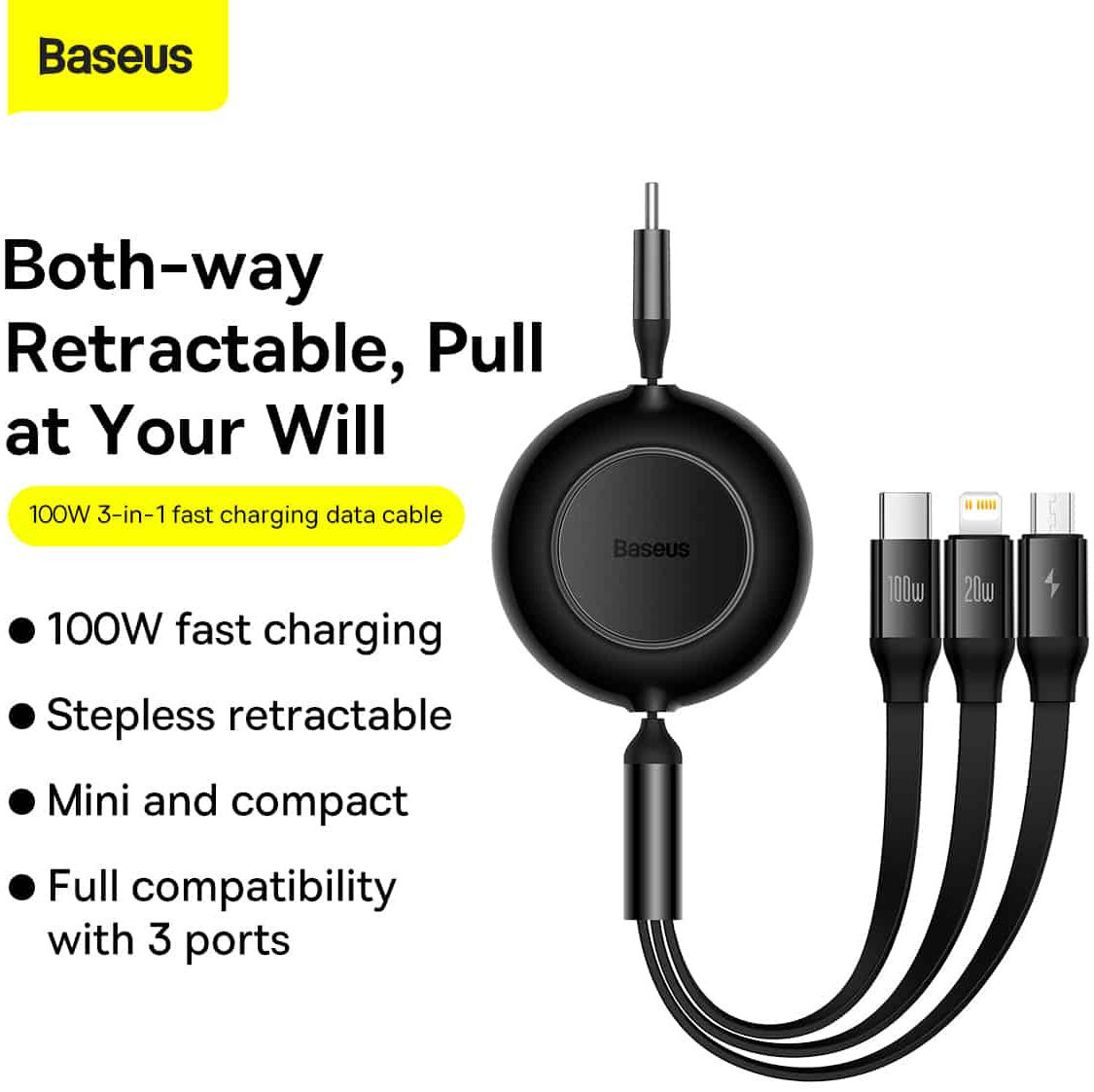 Baseus Oprolbare 3-in-1 USB-C naar Lightning/USB-C/MicroUSB Kabel 1.1M afbeelding 9