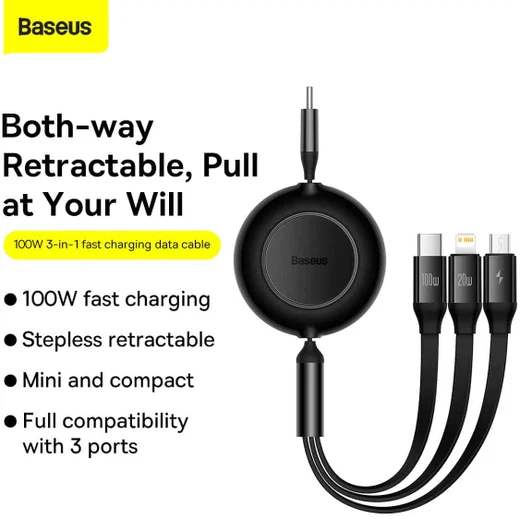 Baseus Oprolbare 3-in-1 USB-C naar Lightning/USB-C/MicroUSB Kabel 1.1M afbeelding 9