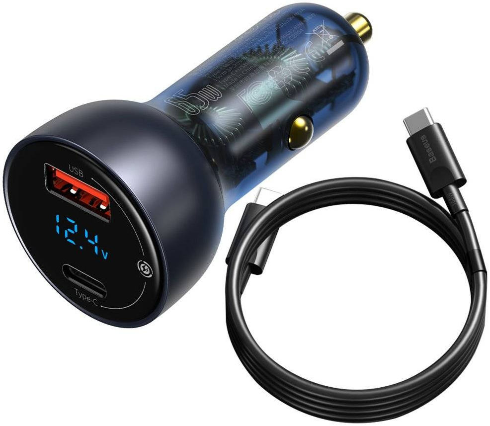 Baseus 65W Autolader USB en USB-C met USB-C Kabel 1M Donkerblauw afbeelding 1