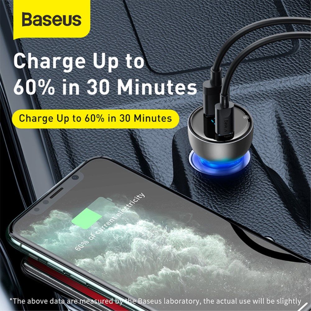 Baseus 65W Autolader USB en USB-C met USB-C Kabel 1M Donkerblauw afbeelding 13
