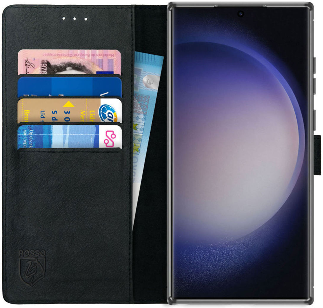Rosso Deluxe Samsung Galaxy S23 Ultra Hoesje Echt Leer Book Case Zwart afbeelding 1
