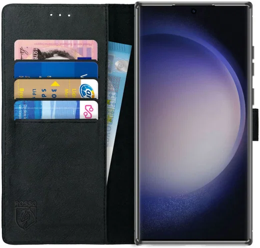 Rosso Deluxe Samsung Galaxy S23 Ultra Hoesje Echt Leer Book Case Zwart afbeelding 1