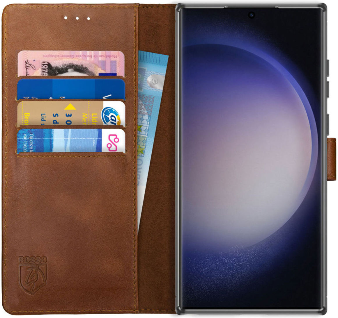 Rosso Deluxe Samsung Galaxy S23 Ultra Hoesje Echt Leer Book Case Bruin afbeelding 1
