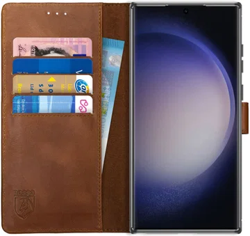 Rosso Deluxe Samsung Galaxy S23 Ultra Hoesje Echt Leer Book Case Bruin