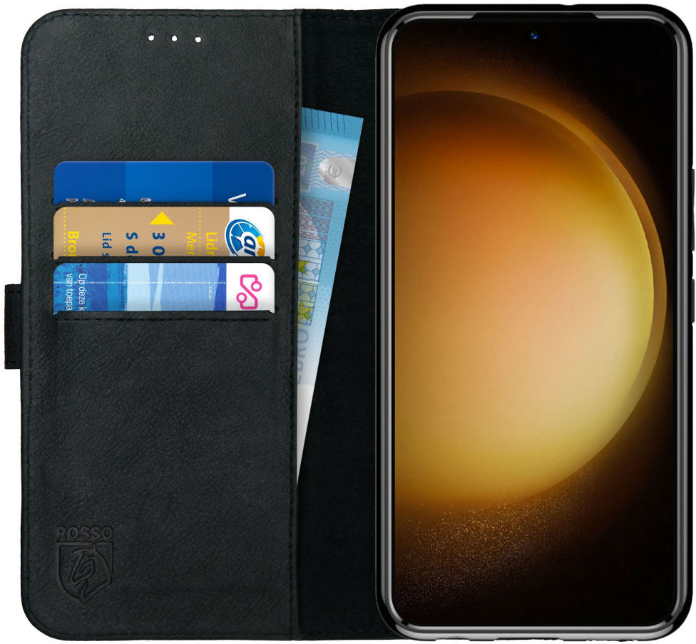 Rosso Deluxe Samsung Galaxy S23 Hoesje Echt Leer Book Case Zwart afbeelding 1