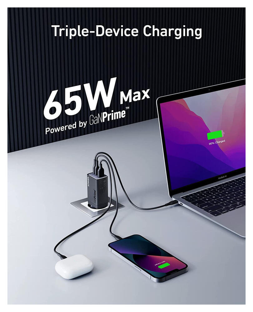 Anker 735 GaNPrime (65W) Snellader USB-C/USB-A Fast Charge  Adapter Zwart afbeelding 2