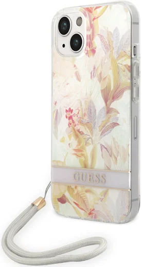 Guess Apple iPhone 14 Hoesje Hard Case Purple Flower Strap afbeelding 1