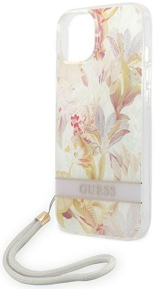 Guess Apple iPhone 14 Hoesje Hard Case Purple Flower Strap afbeelding 3