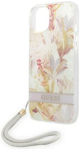 Guess Apple iPhone 14 Hoesje Hard Case Purple Flower Strap afbeelding 3
