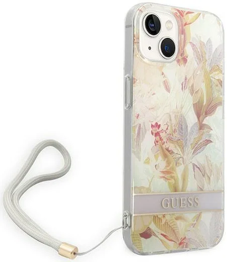 Guess Apple iPhone 14 Hoesje Hard Case Purple Flower Strap afbeelding 4