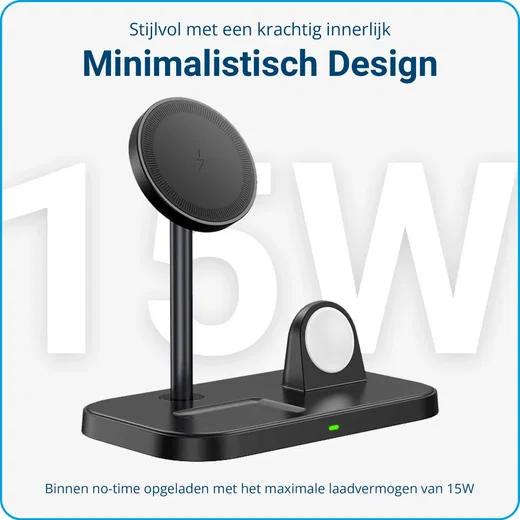 3 in 1 Draadloze MagSafe Oplader 15W iPhone/AirPods/Watch Zwart afbeelding 2